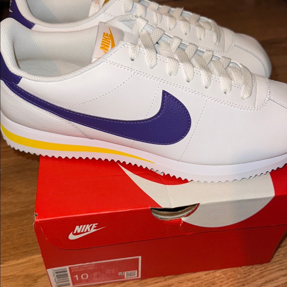 Nike White and Purple Cortez with Yellow Accent